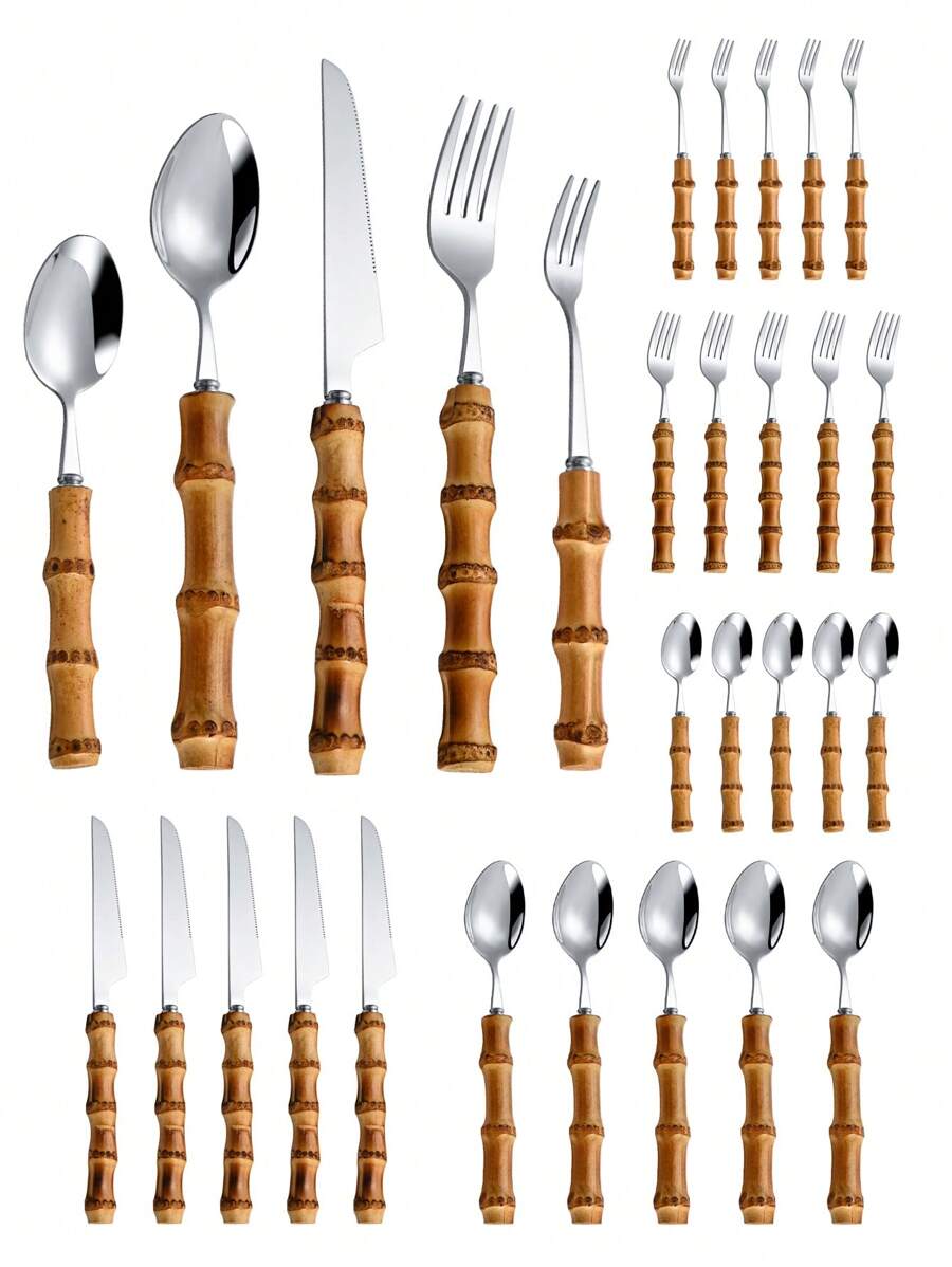 Bamboo Cutlery - 30-delige bestekset van roestvrij staal met