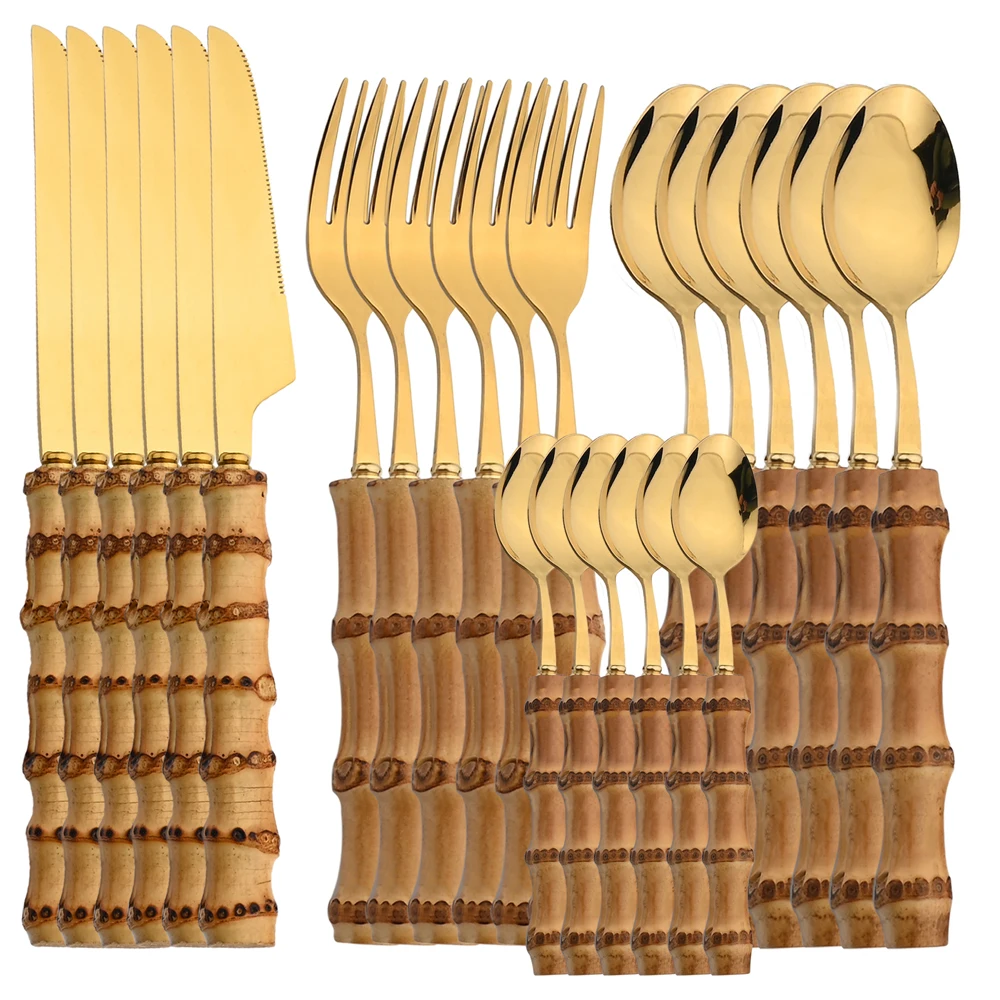 Bamboo Cutlery - 24 stuks roestvrijstalen bestek natuurlijke bamboe